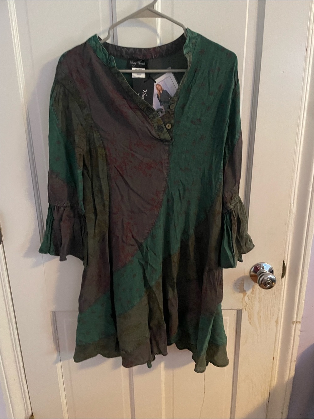 Young Threads V-Neck Tunic Dress, green pattern curved patches!